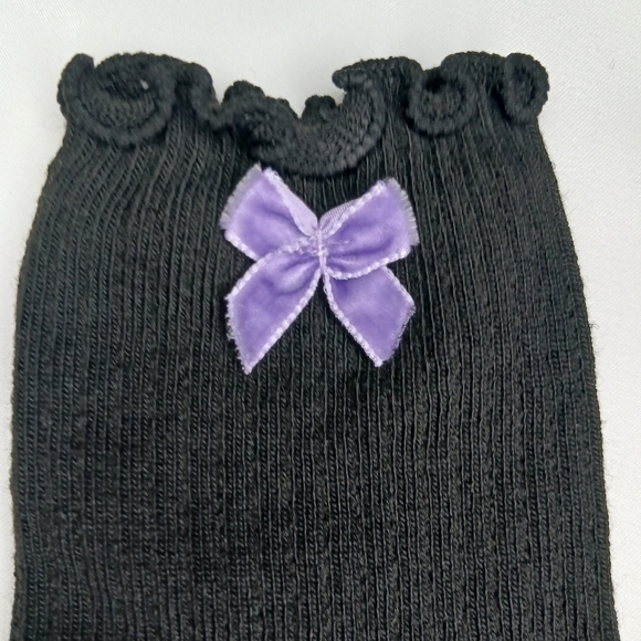 Black Lettuce Ruffle Crew Cut Socks with Purple Velvet Bow. - Picture 3 of 3